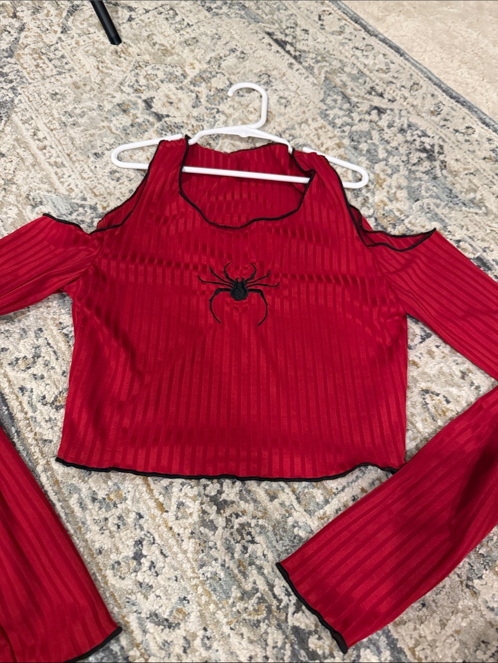 Red Cold-Shoulder Spider Embroidered Crop Top
